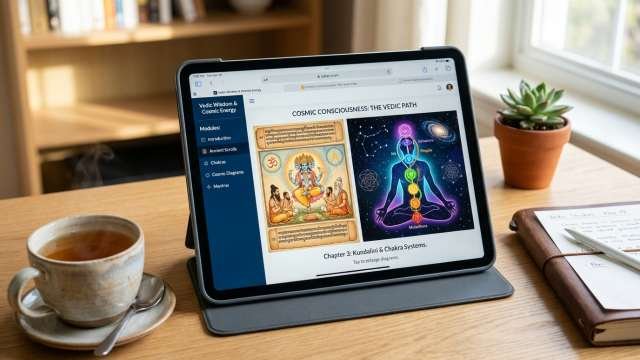 Ancient Vedic manuscript illustrations shown on online learning tablet
