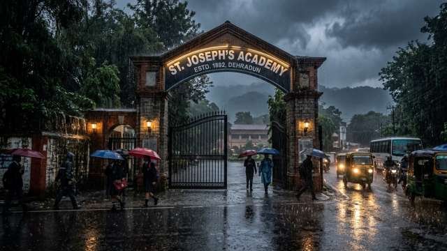Dehradun school gate in heavy rain weather alert